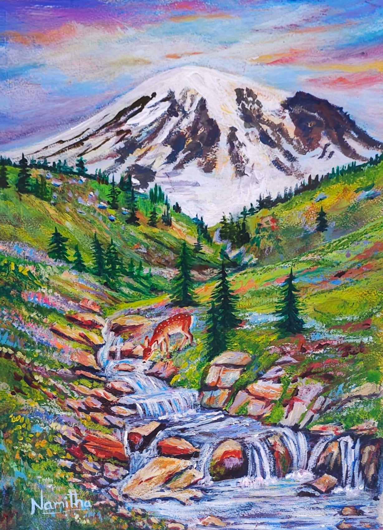 Whispers of Rainier - original mixed media painting of MT.Rainier & Myrtle Falls