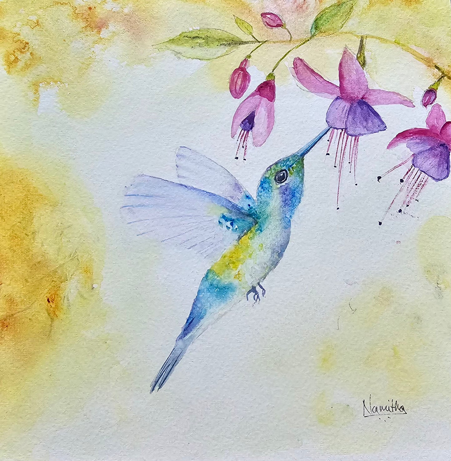 Hummingbird in Bloom - Original Watercolor Painting on Wooden Board