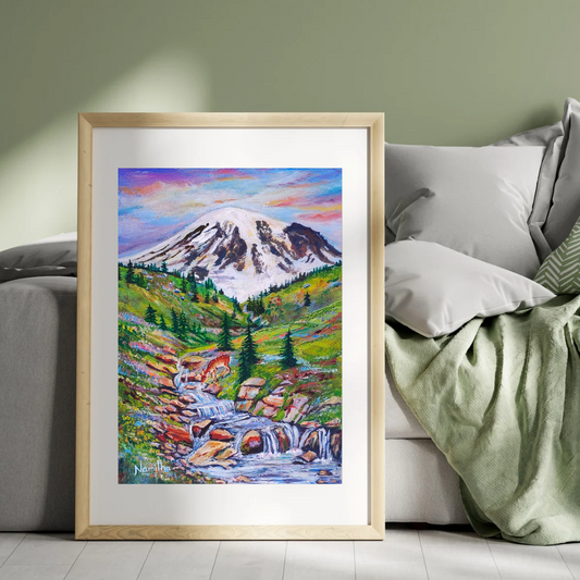 Whispers of Rainier - original mixed media painting of MT.Rainier & Myrtle Falls