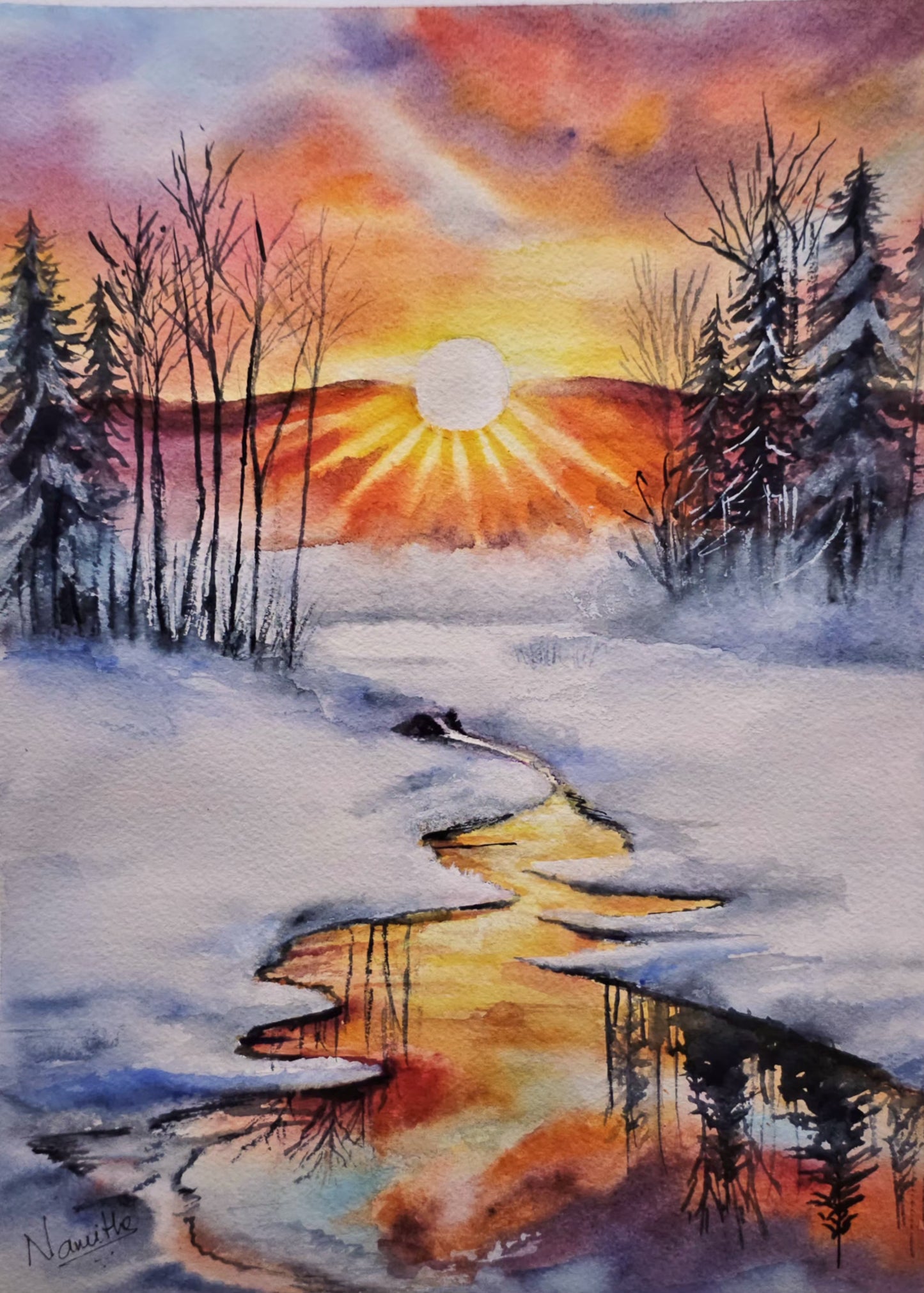 Golden Winter Glow - Original Watercolor Painting