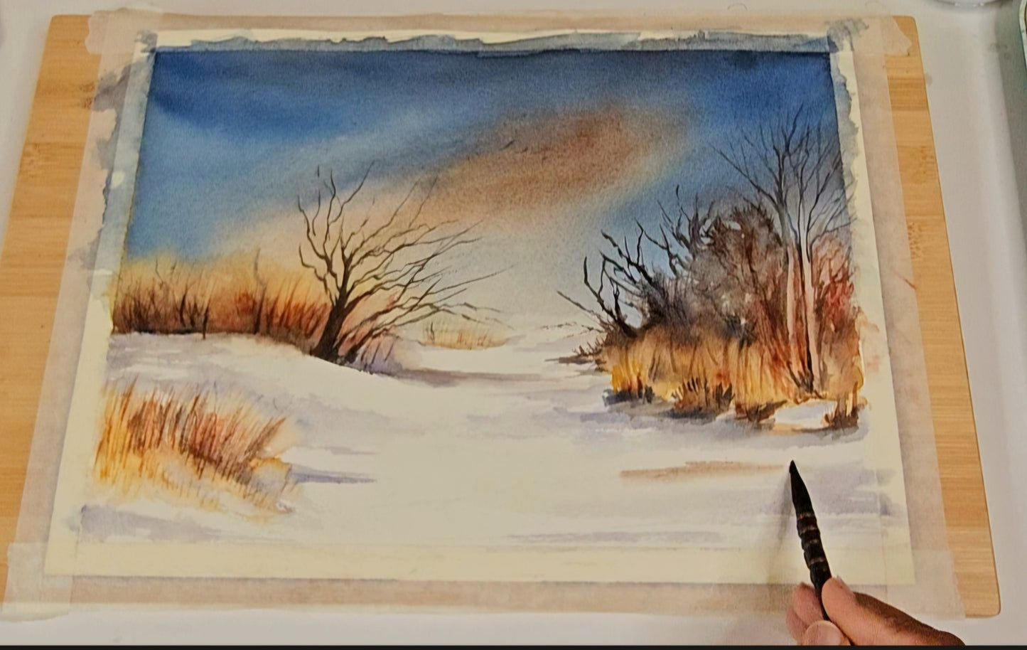 Quiet Winter Evening – Original Watercolor Snow Landscape Painting