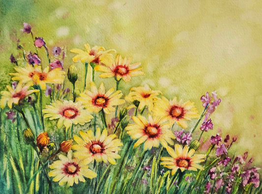 Golden Daisy Meadow - Original Watercolor Painting