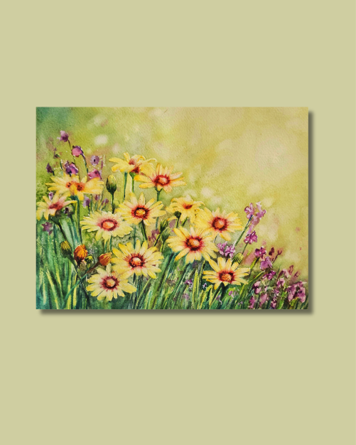 Golden Daisy Meadow - Original Watercolor Painting