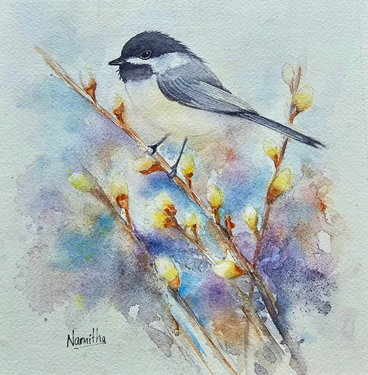 Winter Chickadee - Original Watercolor Painting on Wooden Board