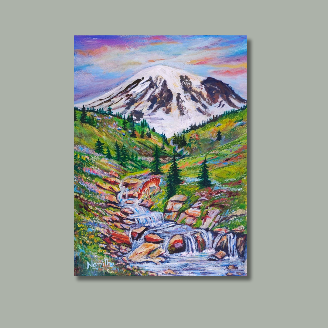 Whispers of Rainier - original mixed media painting of MT.Rainier & Myrtle Falls