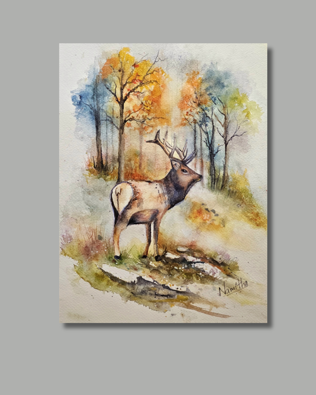 Autumn Guardian - Original Deer watercolor painting