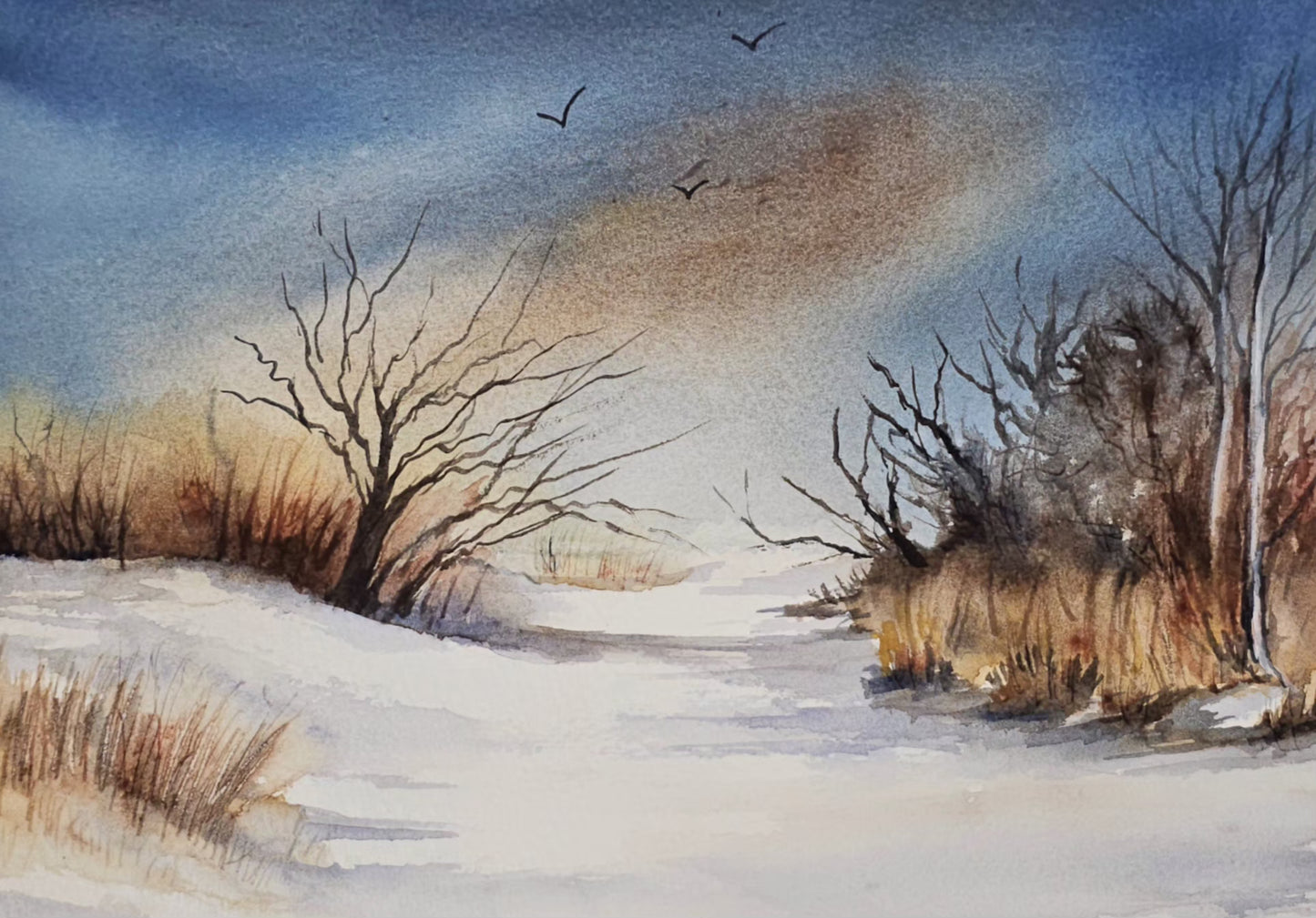 Quiet Winter Evening – Original Watercolor Snow Landscape Painting