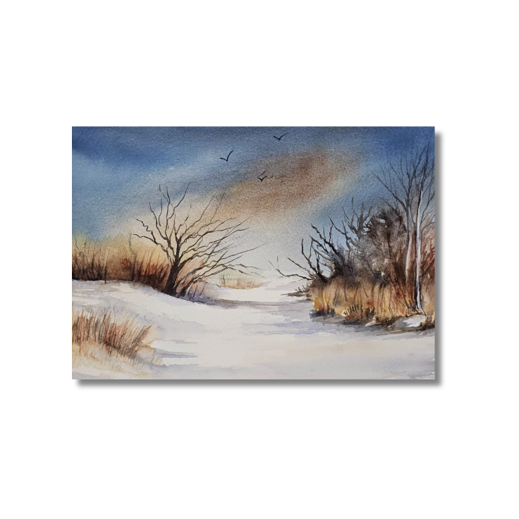 Quiet Winter Evening – Original Watercolor Snow Landscape Painting